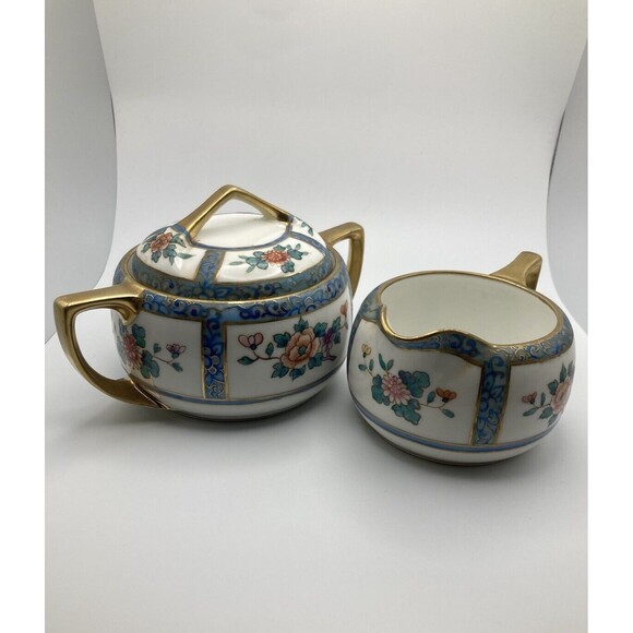 Vintage Nippon Hand Painted Floral Sugar & Creamer Set Floral - Picture 1 of 16